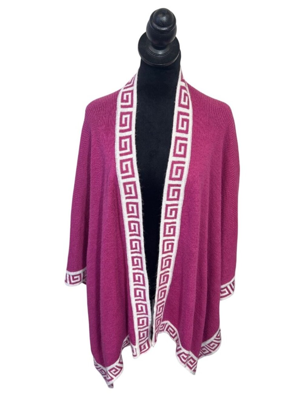 Peruvian 100% Alpaca Wool Women's Shawl Wrap Open Cardigan Pink Geometric Trim - Picture 3 of 8